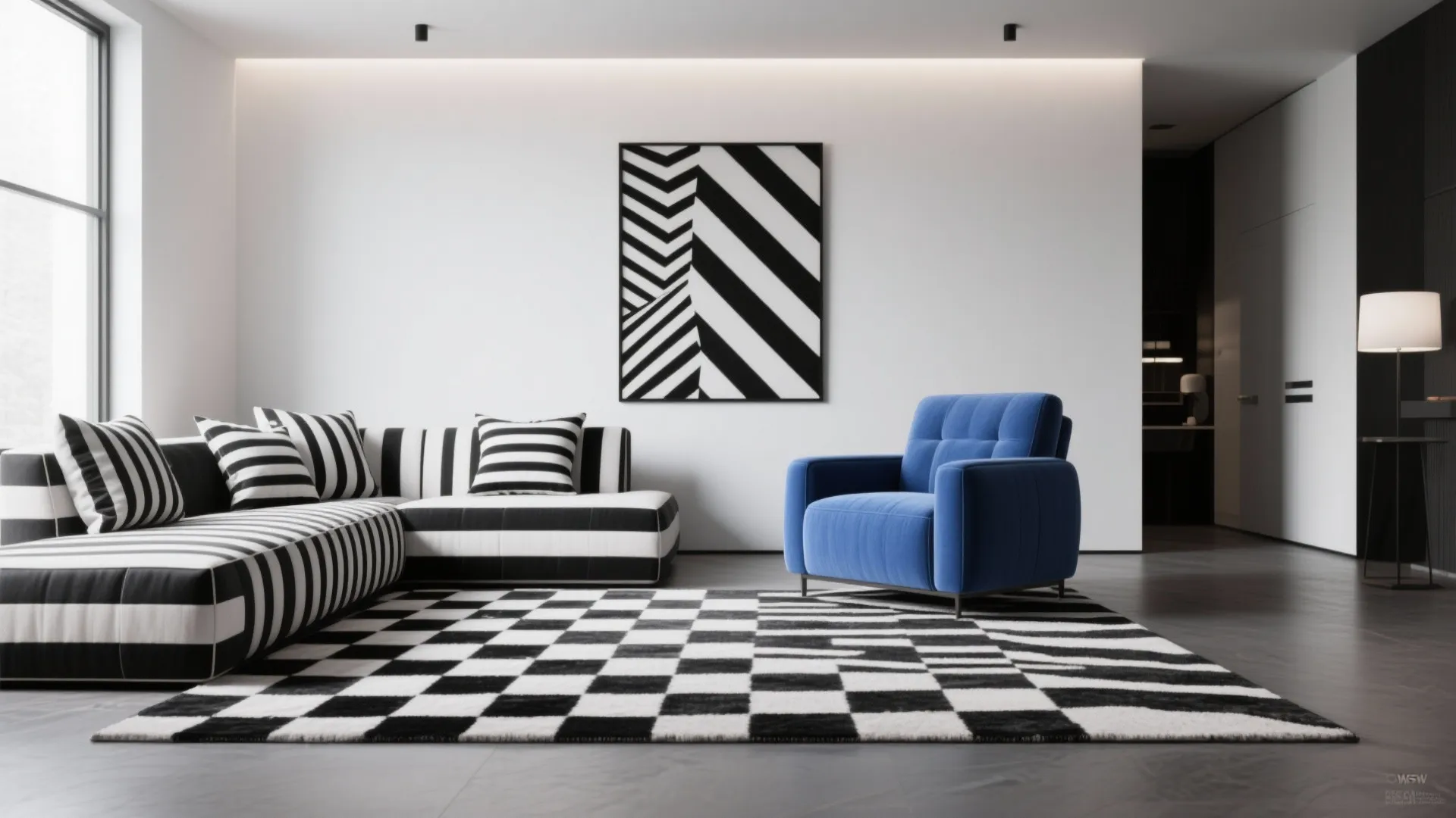 2. Graphic black-and-white with a blue pop