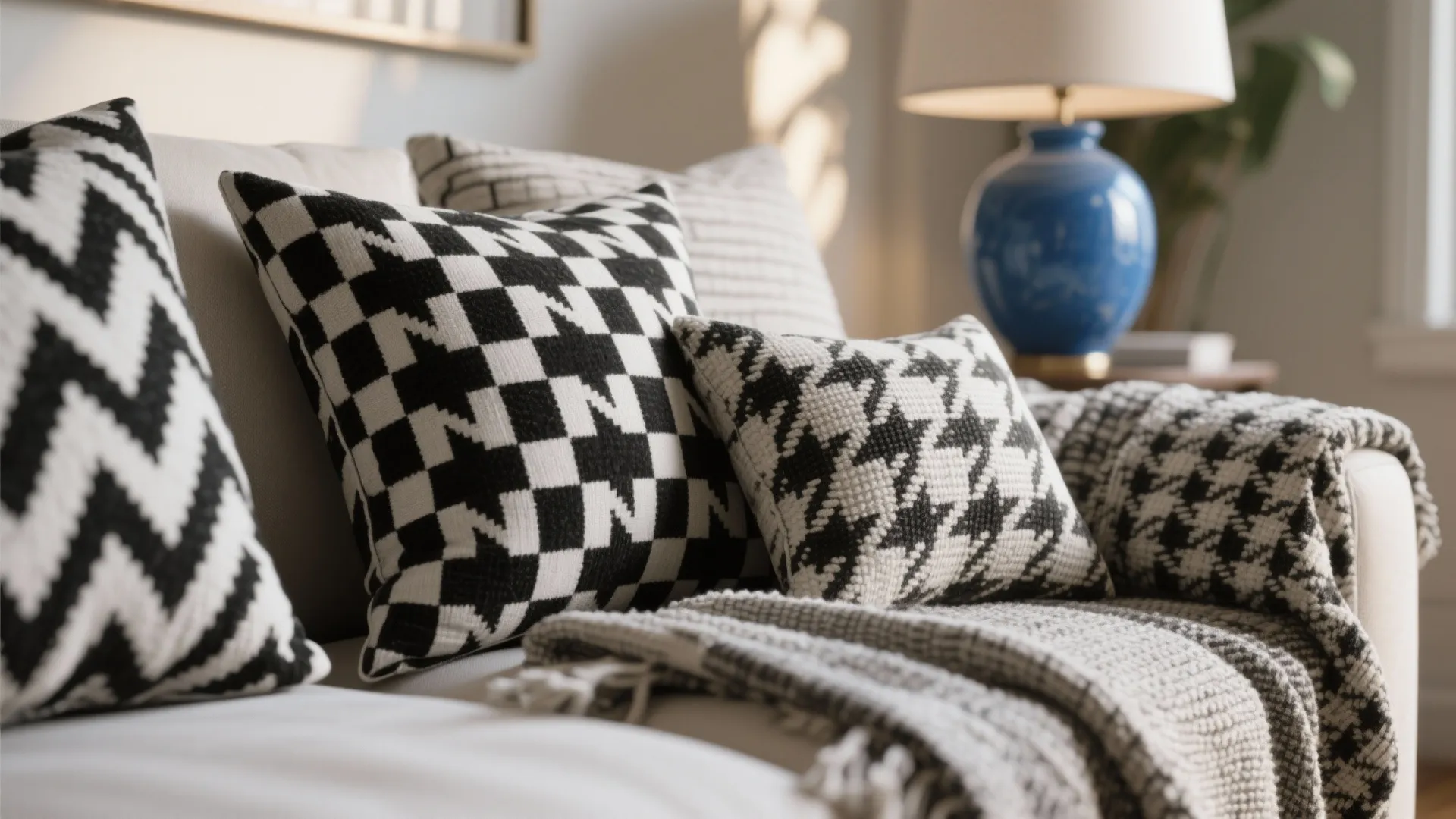 3. Pattern play: graphic black & white + blue pops