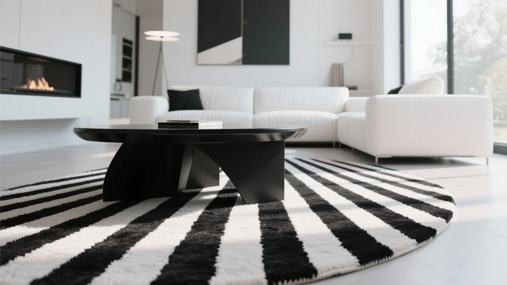 Modern living room with black and white striped rug, white sofa, coffee table, and fireplace