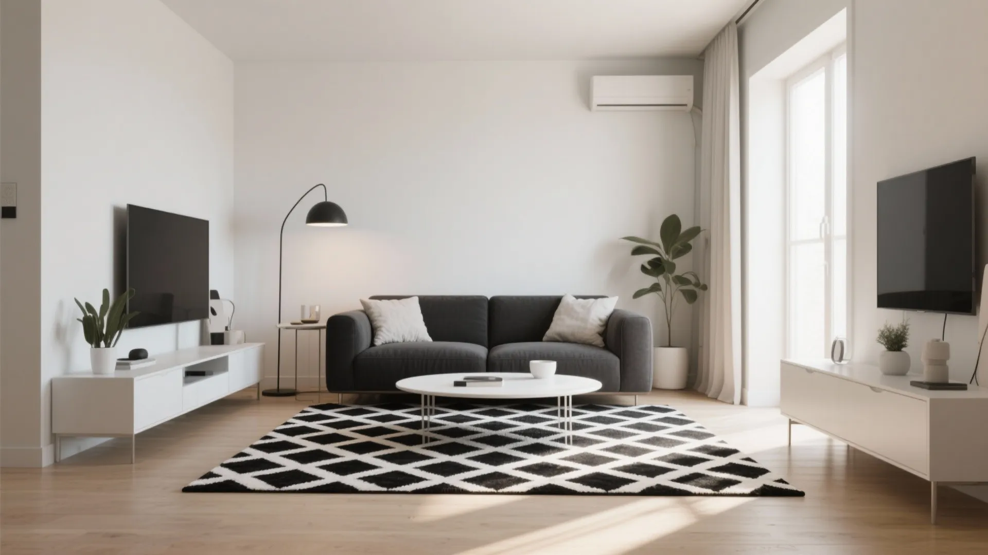 Modern living room with grey sofa white coffee table and black white patterned floor rug