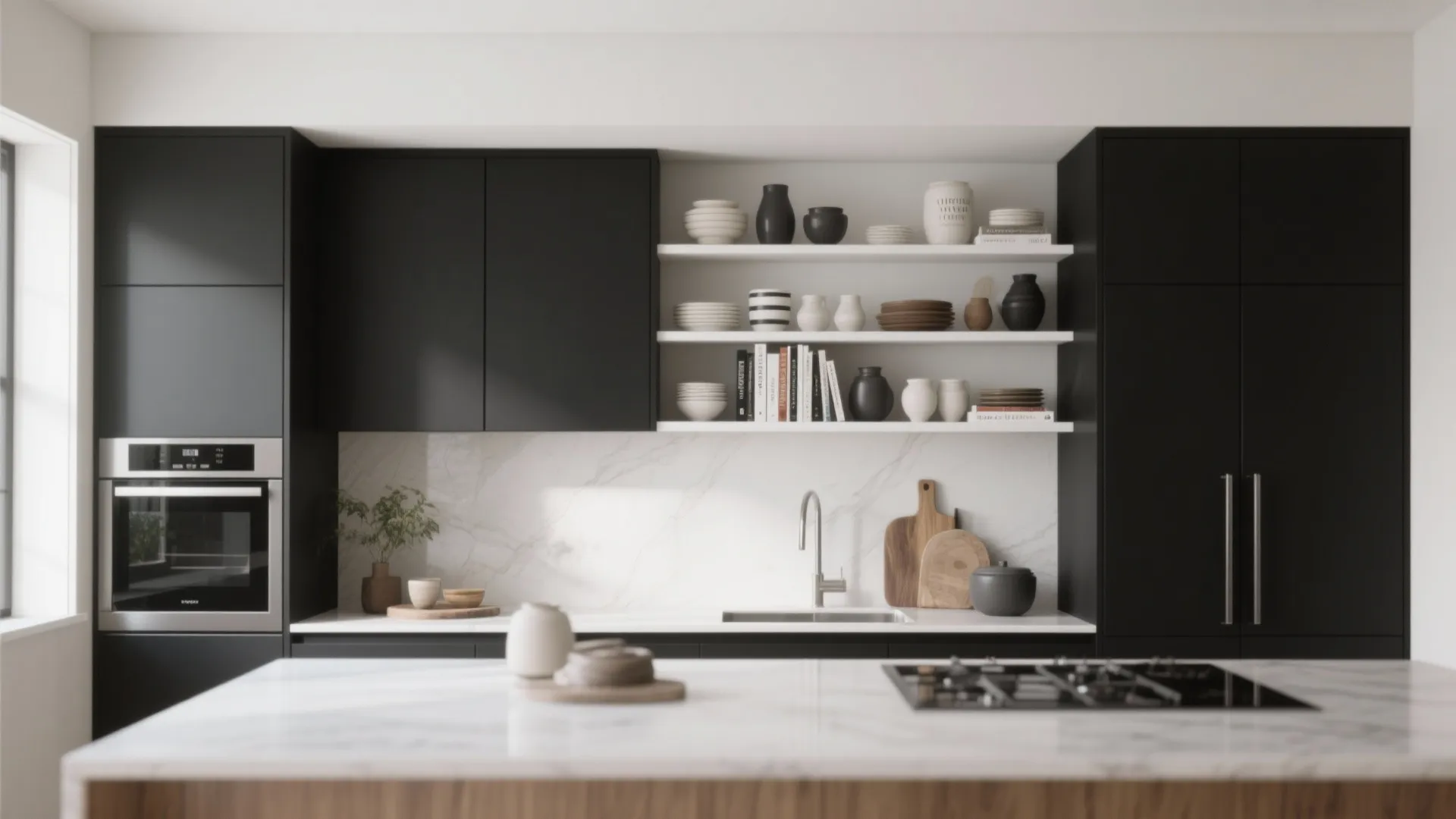 5. Graphic cabinetry layouts with open shelving