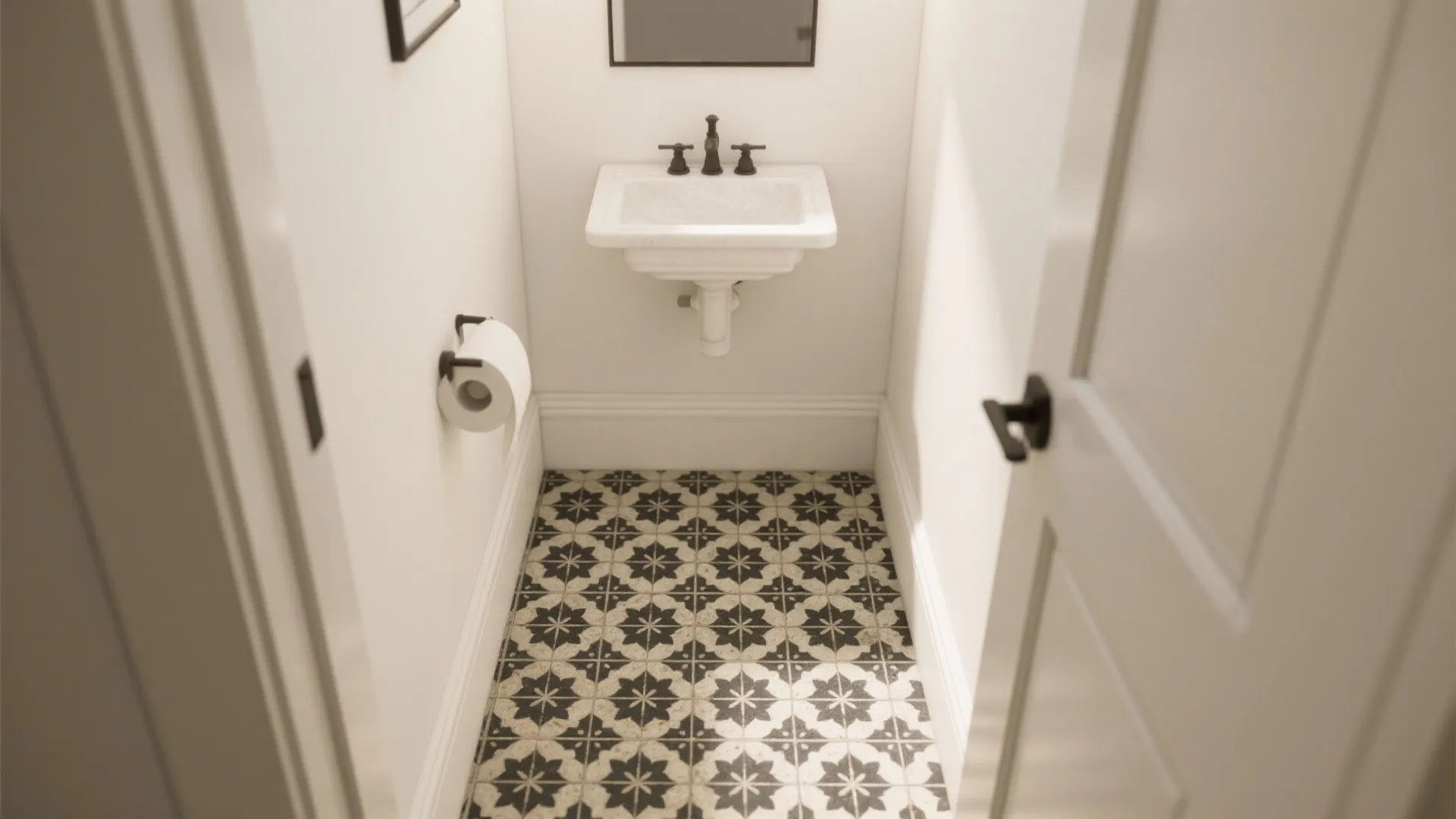Small white powder room featuring patterned floor tiles with white wall sink and black faucet
