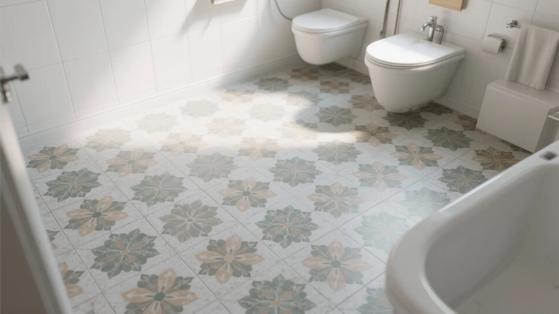 Modern bathroom with floral pattern floor tiles white wall tiles toilet and white bathtub design