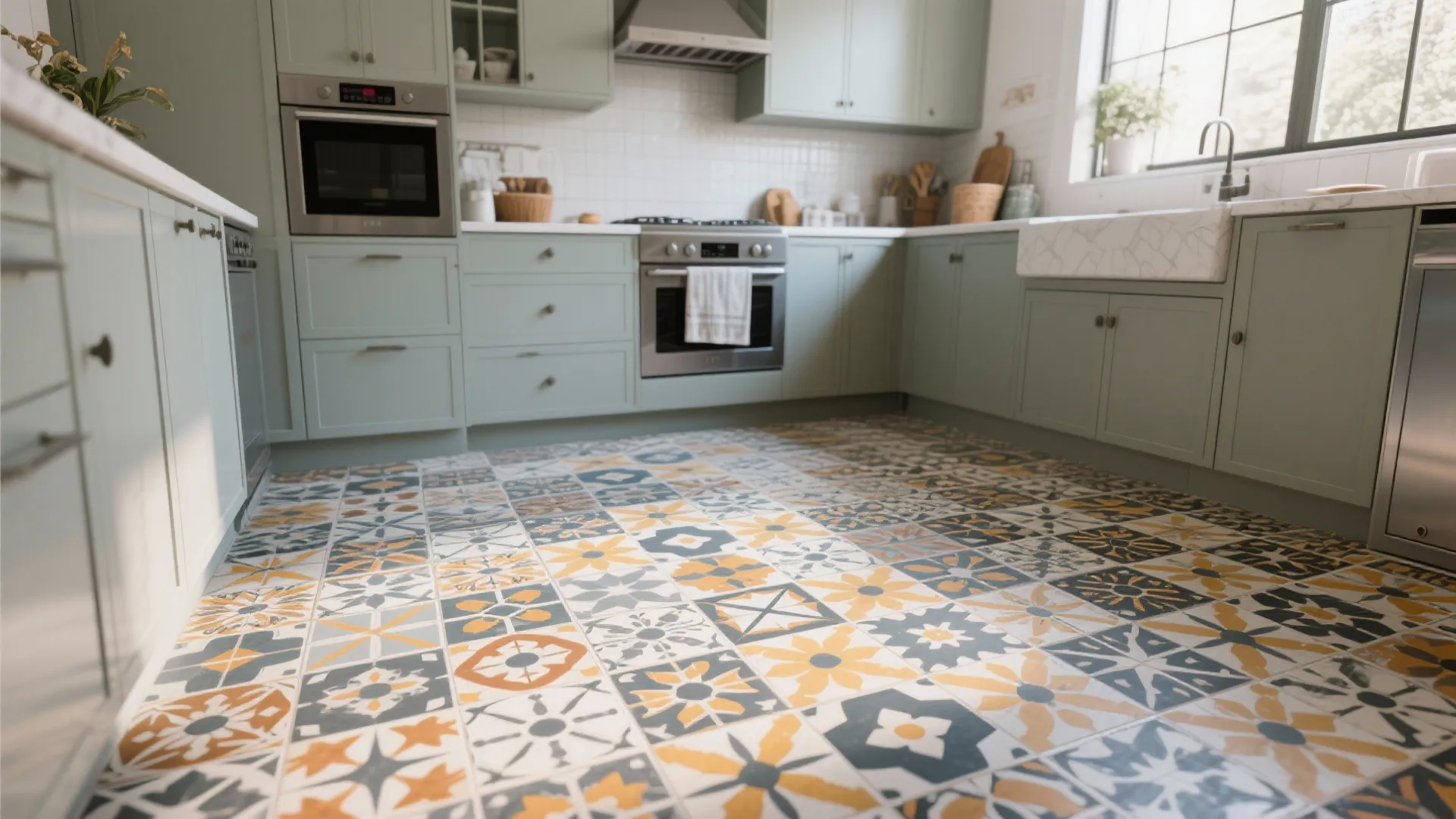 Light green kitchen cabinets with colorful patterned floor tiles and stainless steel appliances and sink