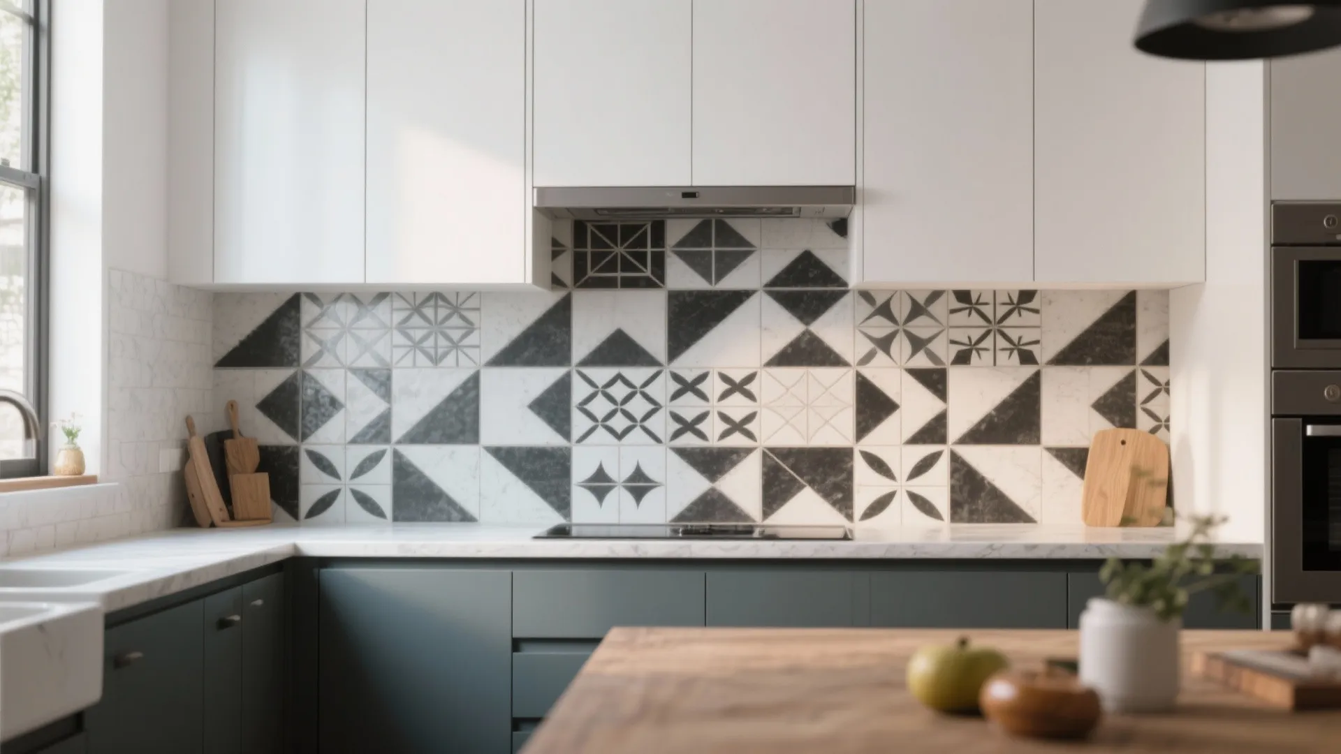 Bold graphic cement tile backsplash in a modern kitchen