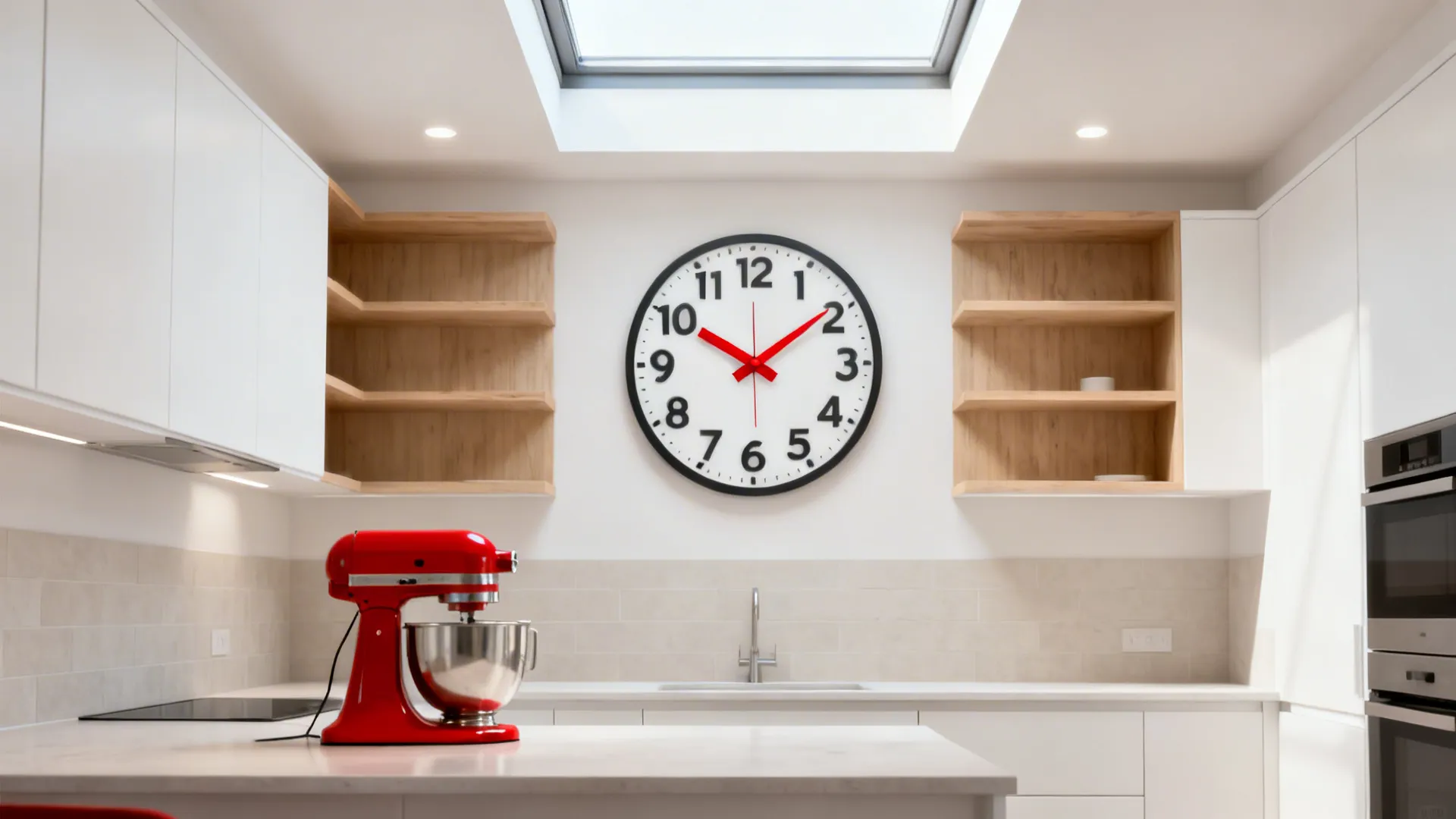 Graphic wall clock with bold numerals and red hand coordinating with a red mixer in a minimalist kitchen.
