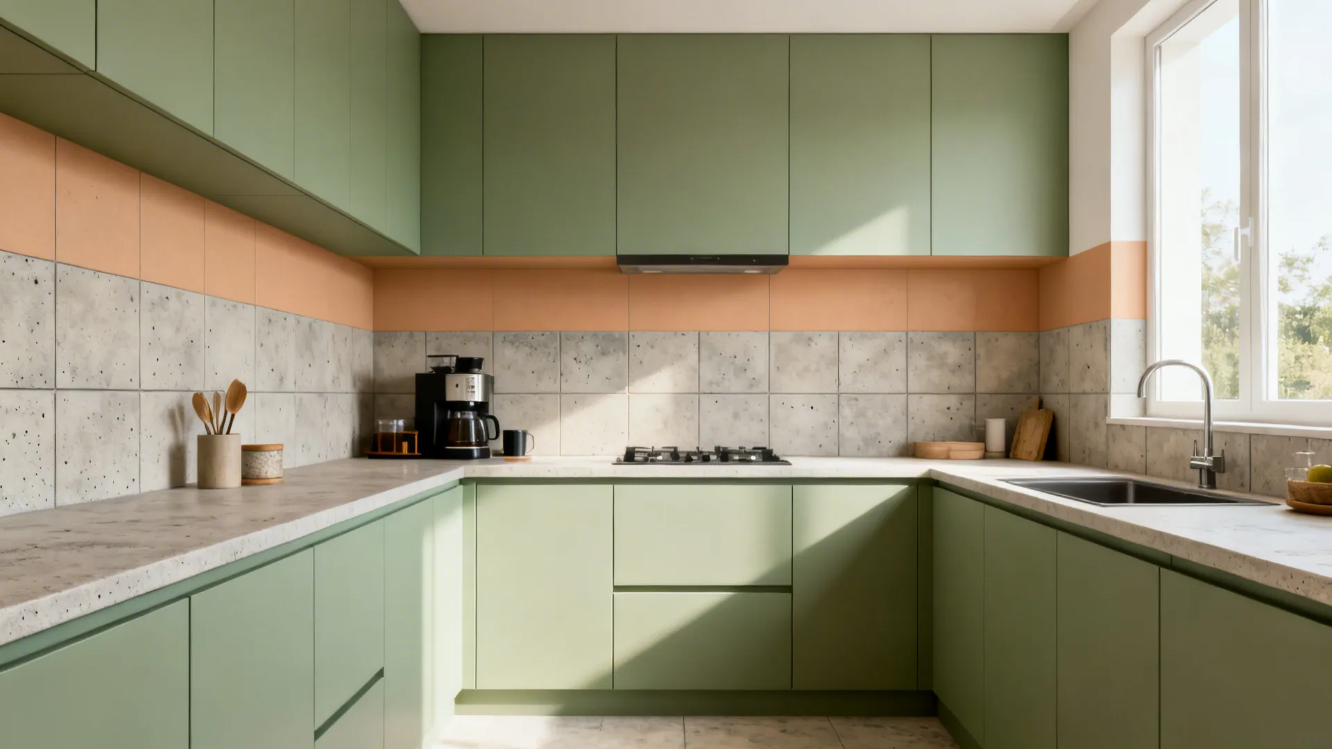 Small kitchen with patterned porcelain and a two-tone color-blocked backsplash defining a coffee zone.