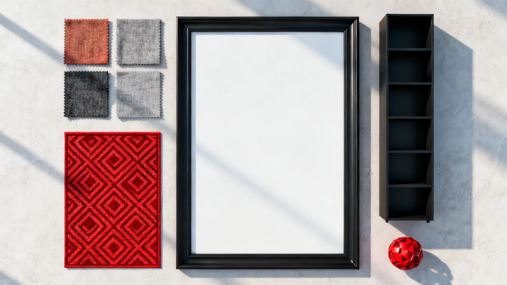 3. Graphic contrast: black frames and red geometry