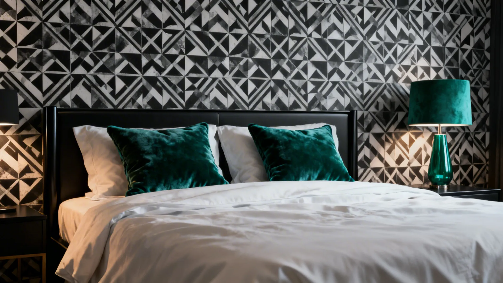 Bedroom with black-and-white geometric wallpaper and emerald velvet accents