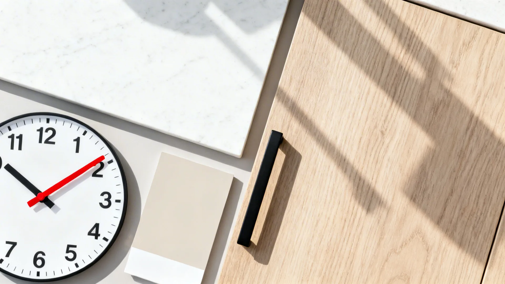 Top-down palette with white quartz, oak, black hardware, and a graphic clock dial with a red second hand.