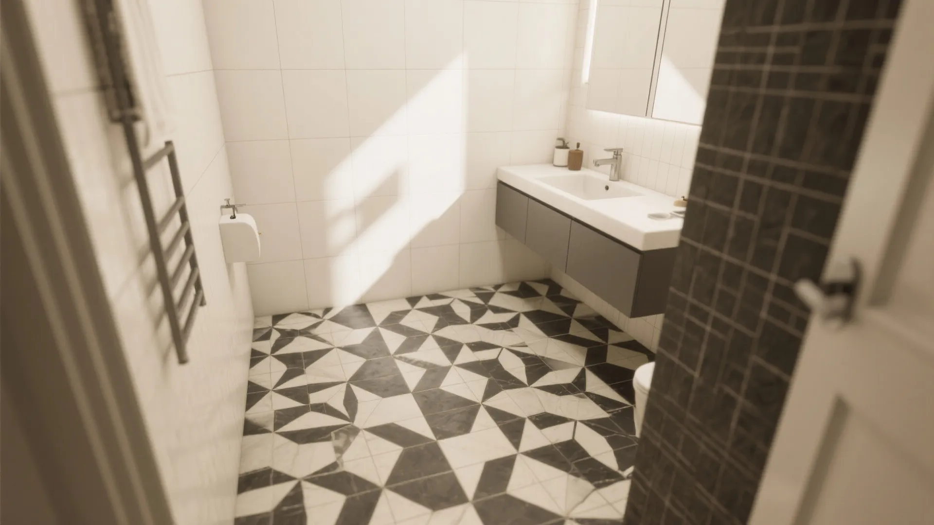 Geometric charcoal-and-cream patterned floor with soft off-white wall tiles in a small bath.