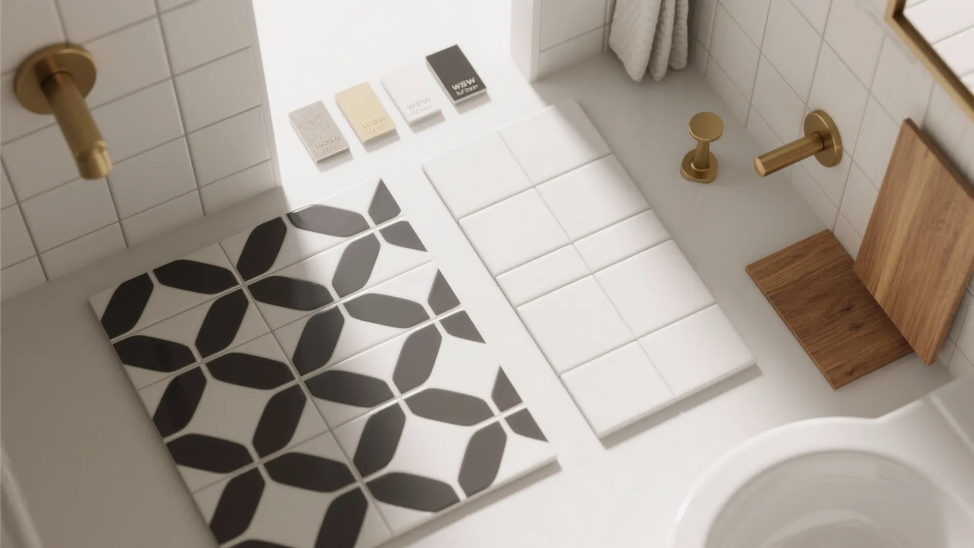 Material flat lay with geometric floor tile, matte wall tile, grout, brass, and wood samples.