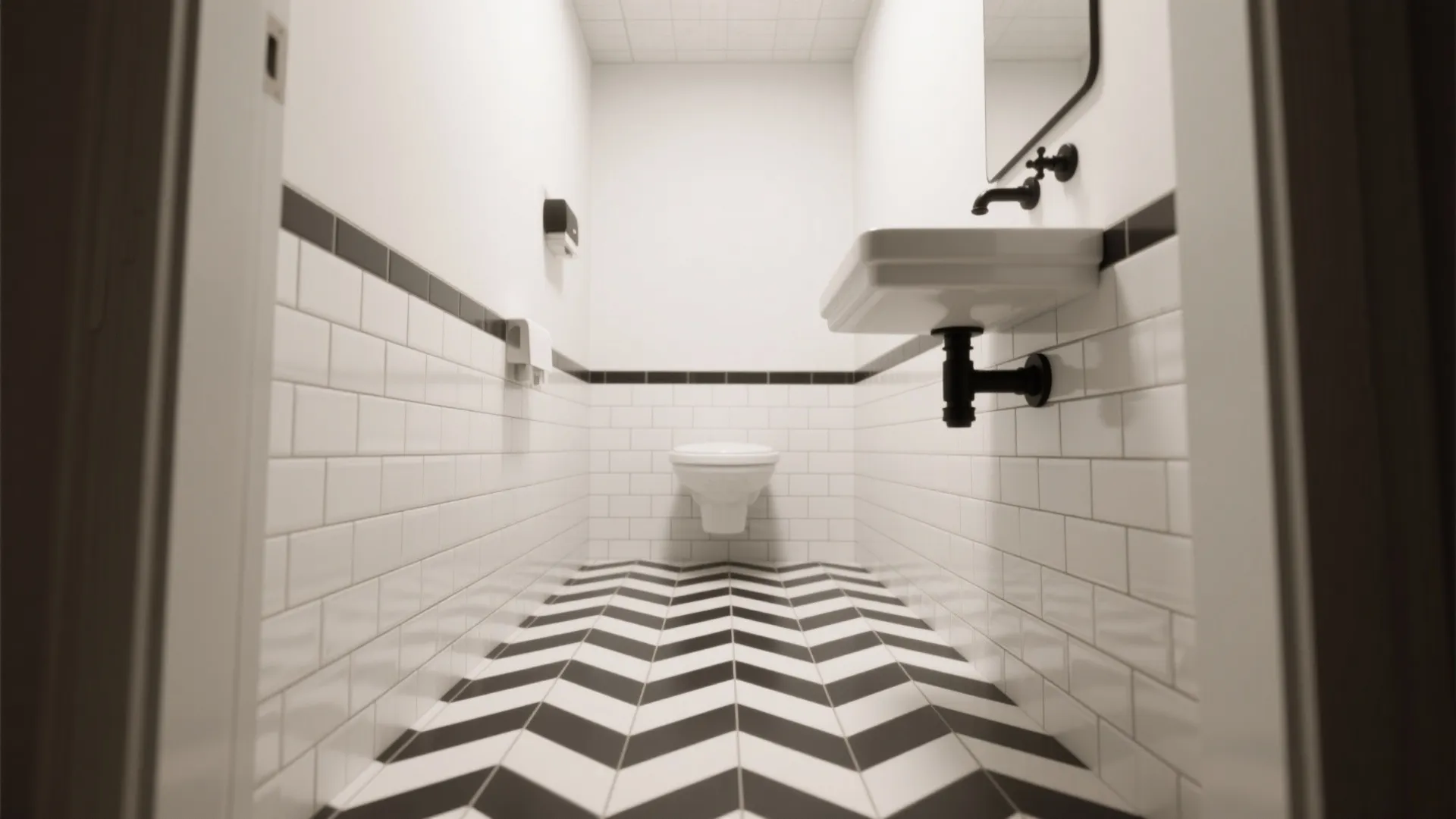 Tiny powder room with white herringbone tile floor and dark grout, floating sink and black fixtures