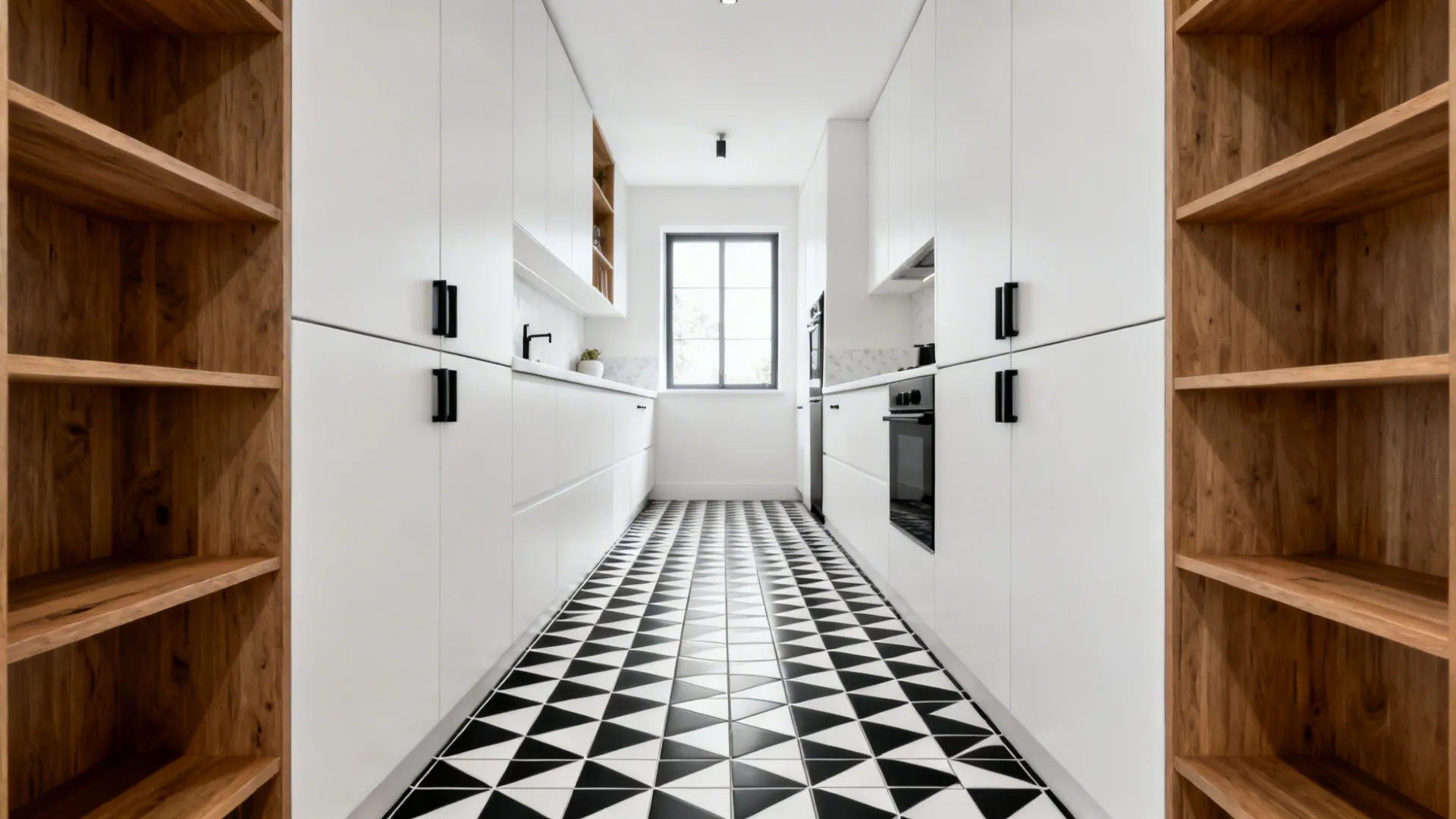 Monochrome geometric patterned porcelain tiles in a narrow galley kitchen with quiet white cabinetry and oak shelves.