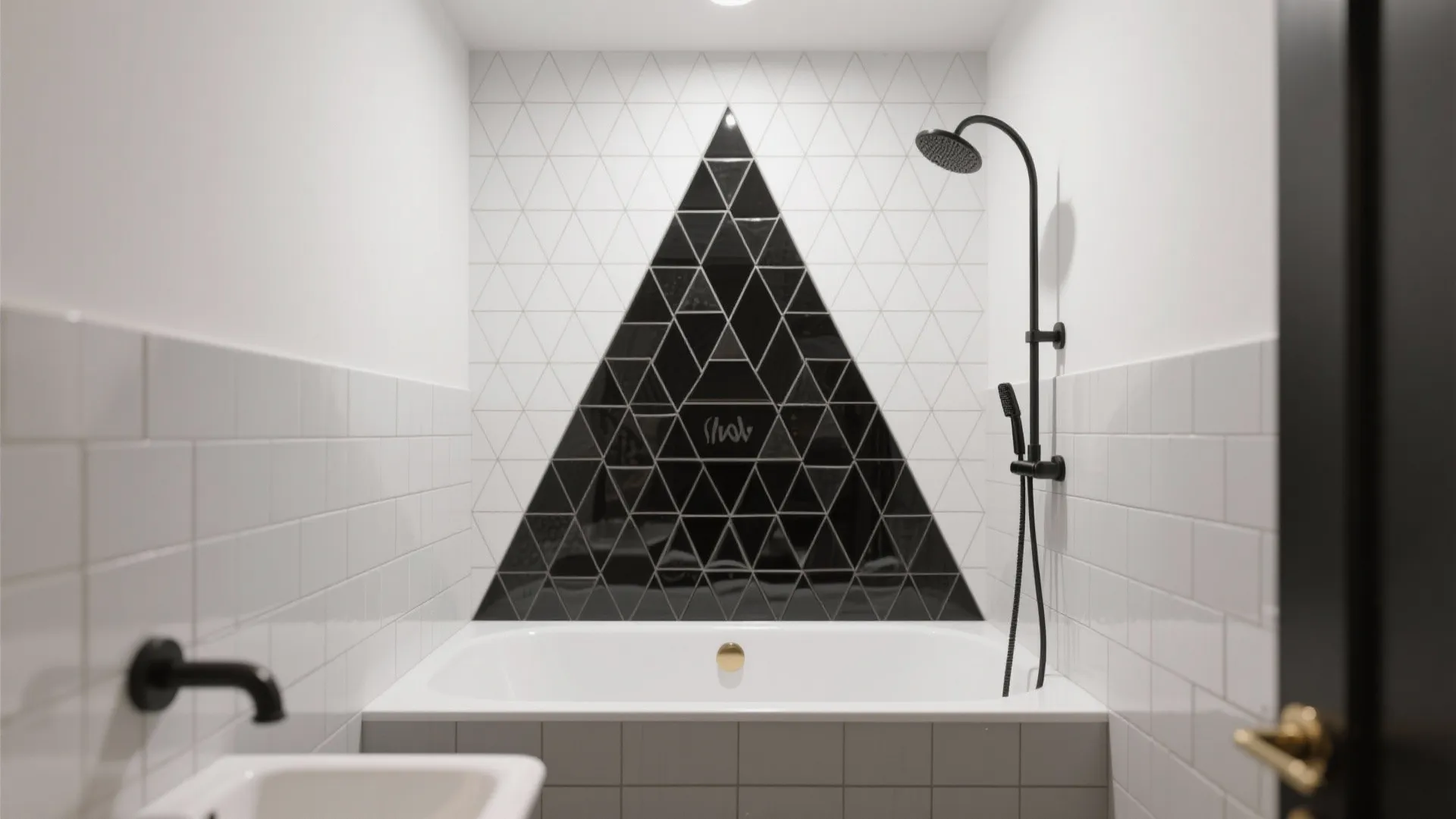 Modern bathroom with white bathtub and a black triangle pattern design on the tiled wall