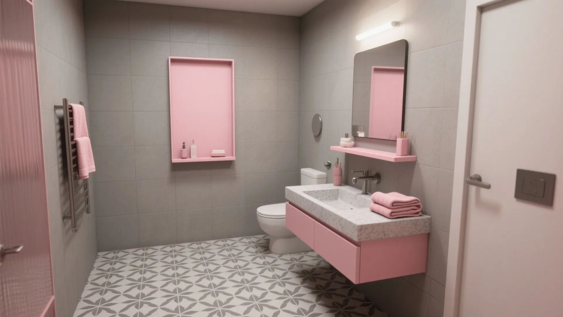 4. Graphic Grey Tiles with Pops of Pink