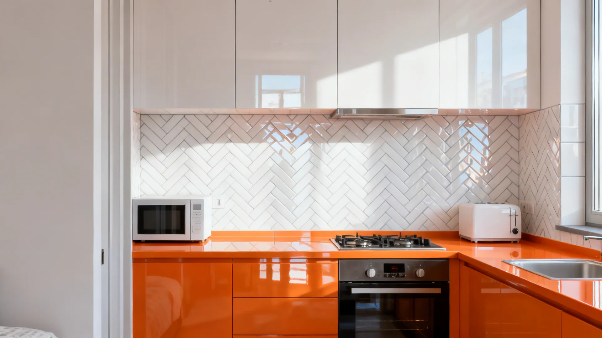 Small kitchen with orange counters and glossy white herringbone tile with light gray grout.
