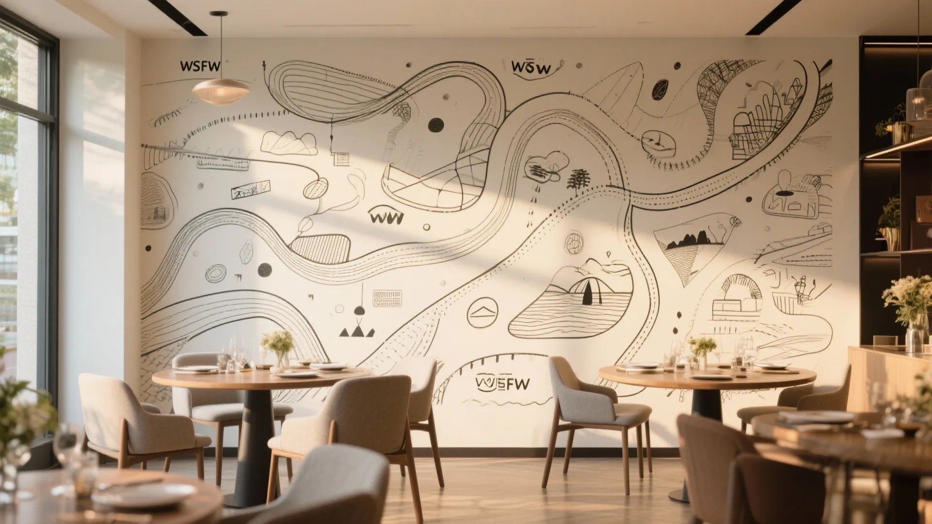 Modern restaurant dining area featuring a large wall mural with black line art and wooden tables