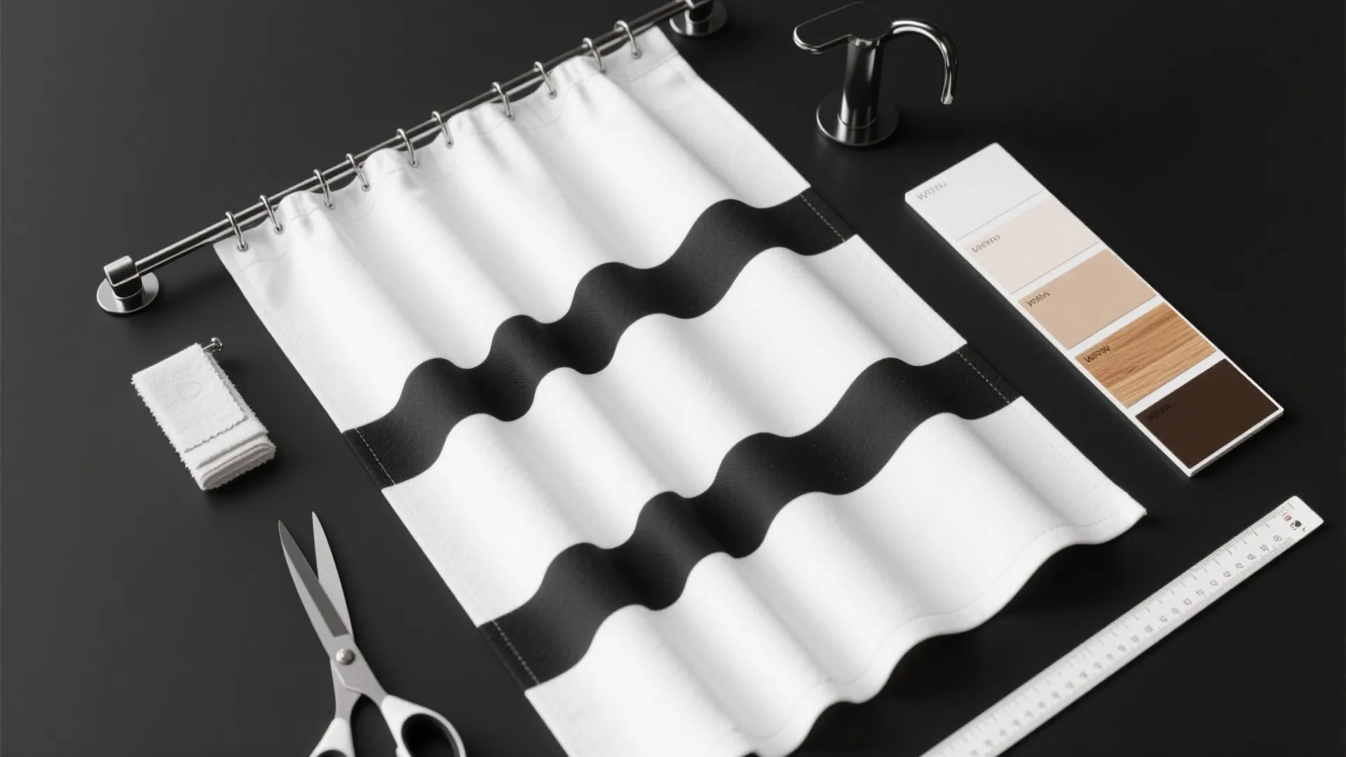 Top-down flatlay of monochrome shower curtain samples, hardware finishes and swatches.