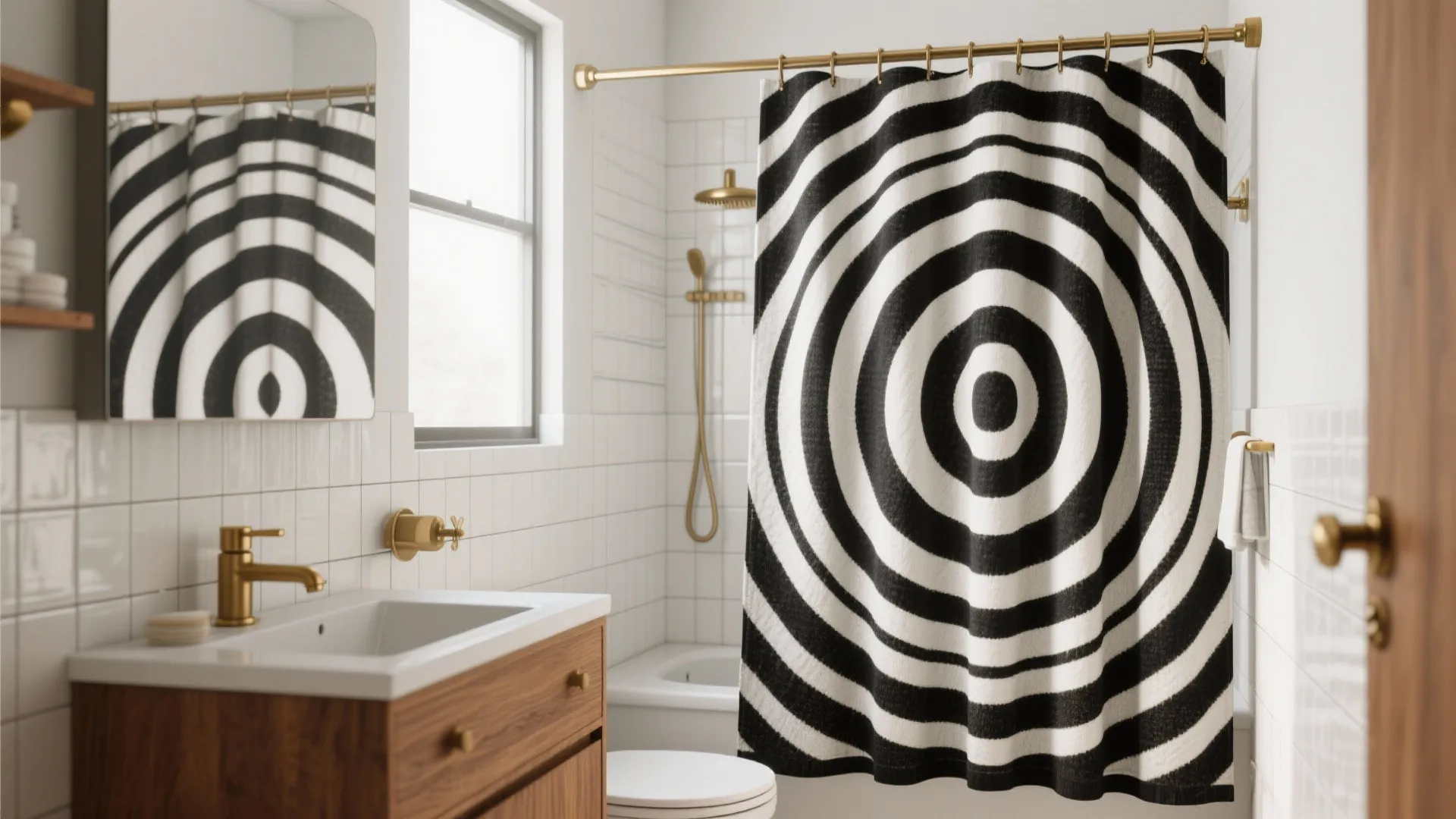 Mid-century bathroom with black-and-white circular motif shower curtain and brass accents