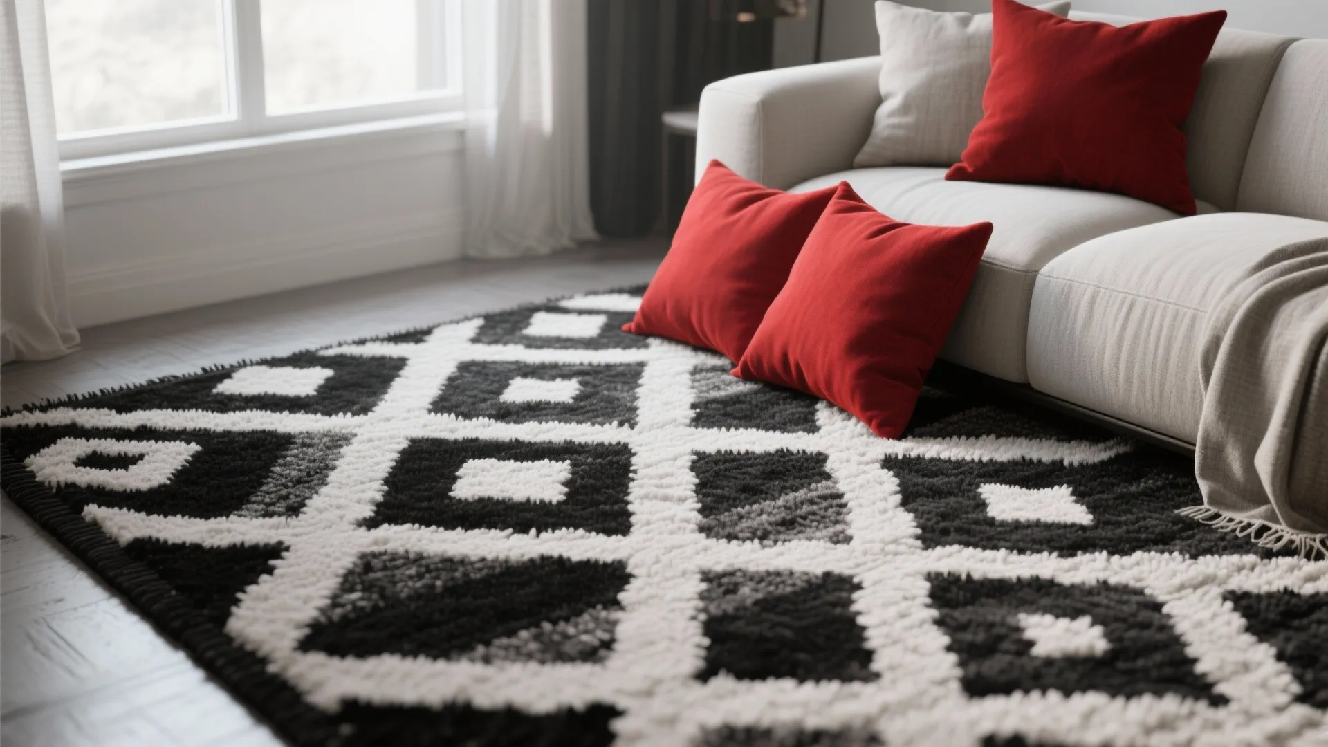 Close-up of a black-and-white geometric rug with red accent pillows on a nearby sofa.