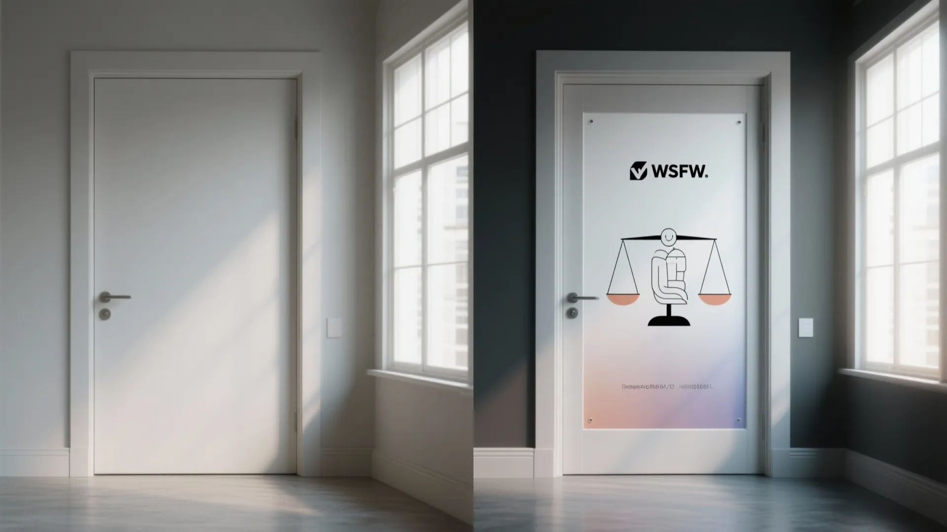 Before and after comparison of a plain white door versus a door with graphic panel