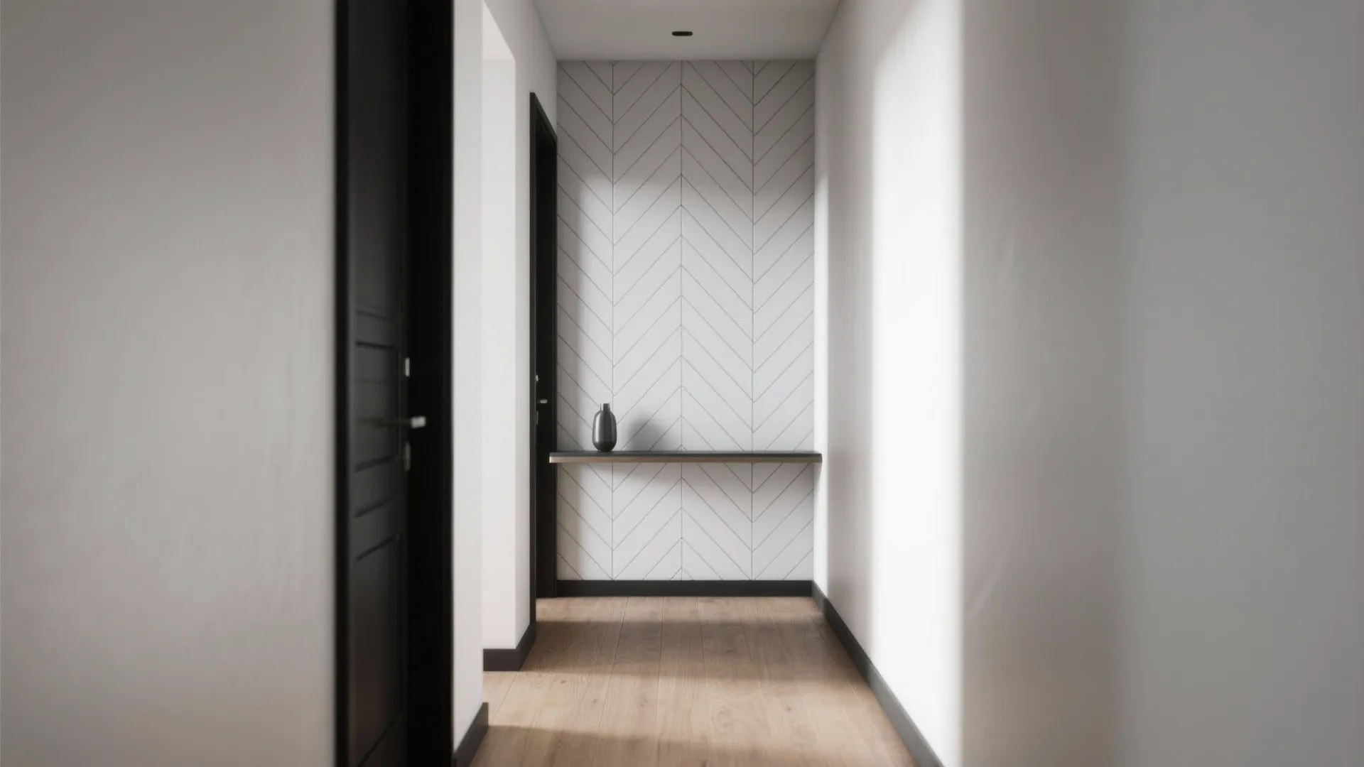 Minimalist hallway featuring white patterned wall panel black doors wood flooring and a small black shelf