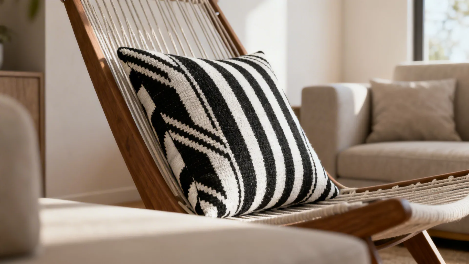 Black and white striped pillow on a wooden chair in a bright modern living room