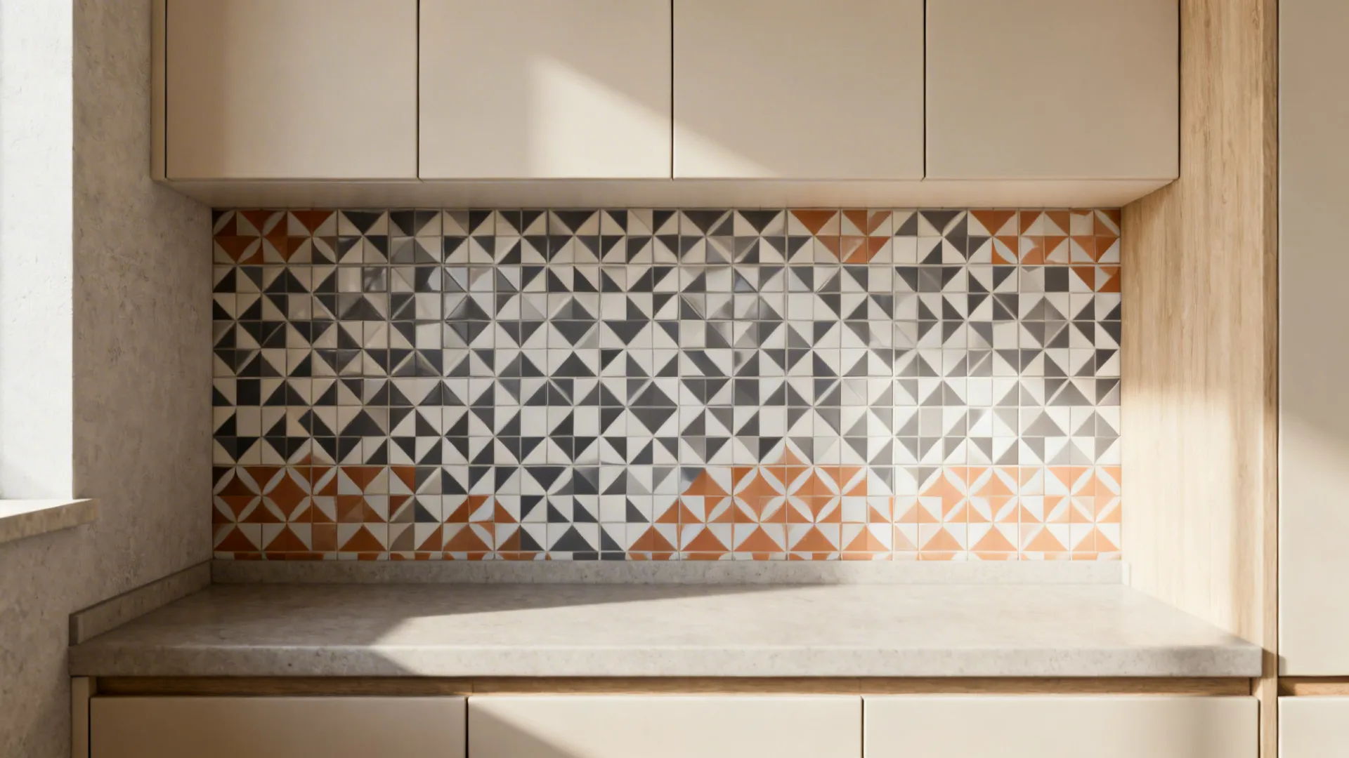 Tiny kitchen with two-tone geometric patterned porcelain tile backsplash as focal point.