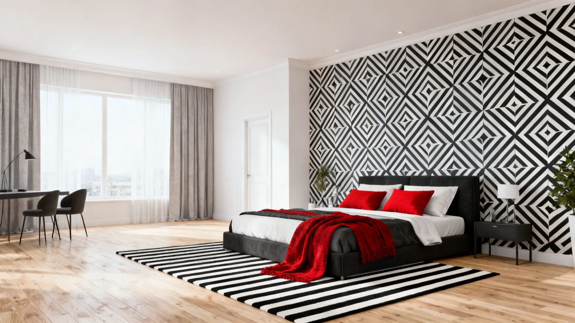 Modern bedroom with black-and-white geometric pattern and minimal furniture with red cushions.