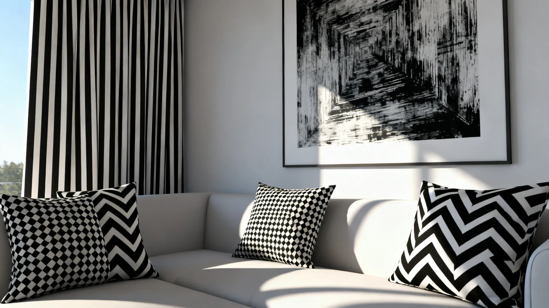 Small living room with bold black-and-white graphic cushions, striped curtains, and monochrome artwork.