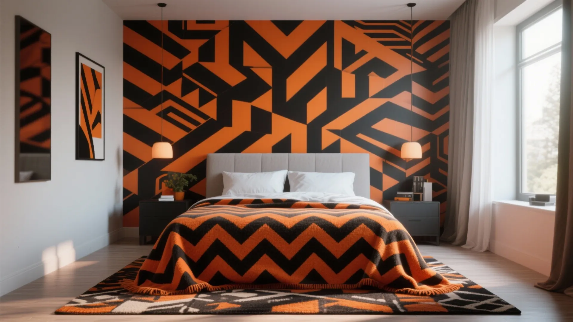 Bedroom with black and orange graphic patterns and modern decor
