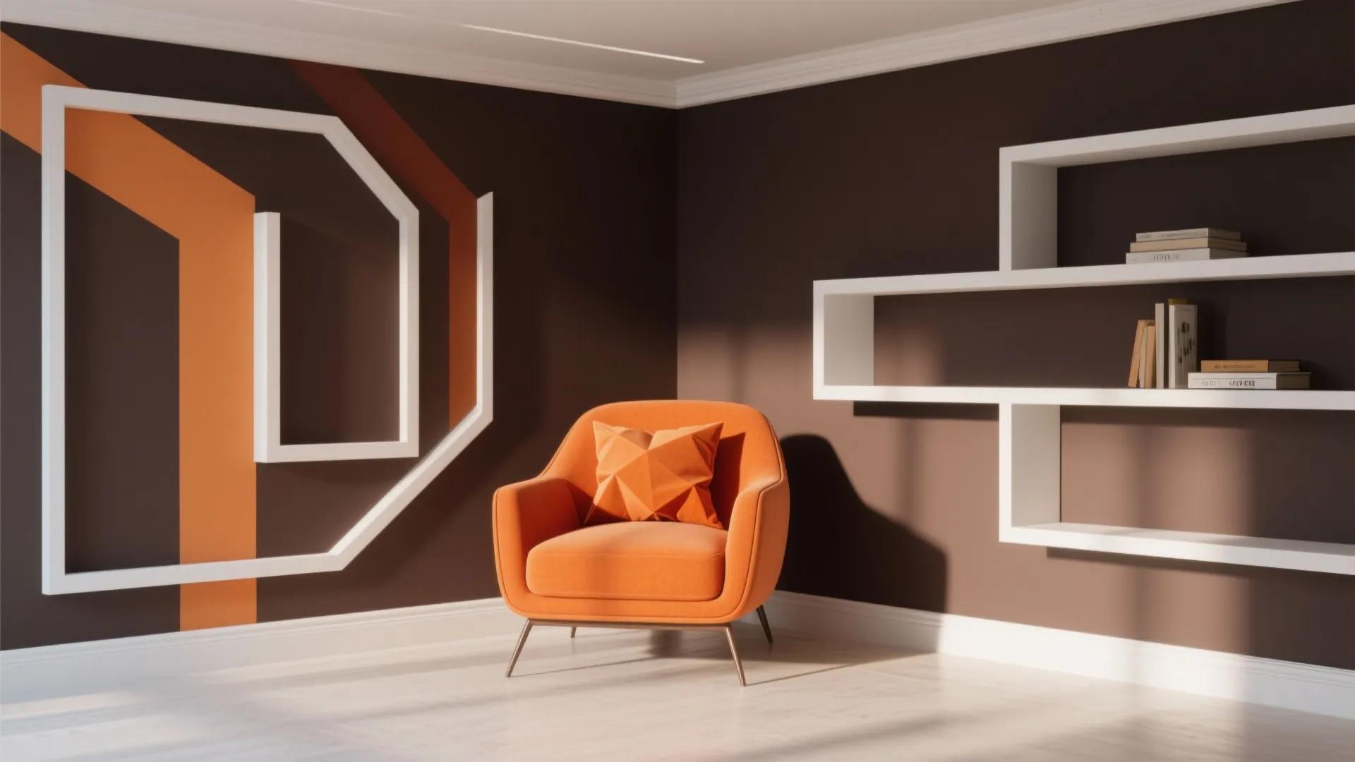 Modern room with dark brown walls, orange armchair, white wall shelves, and orange wall pattern