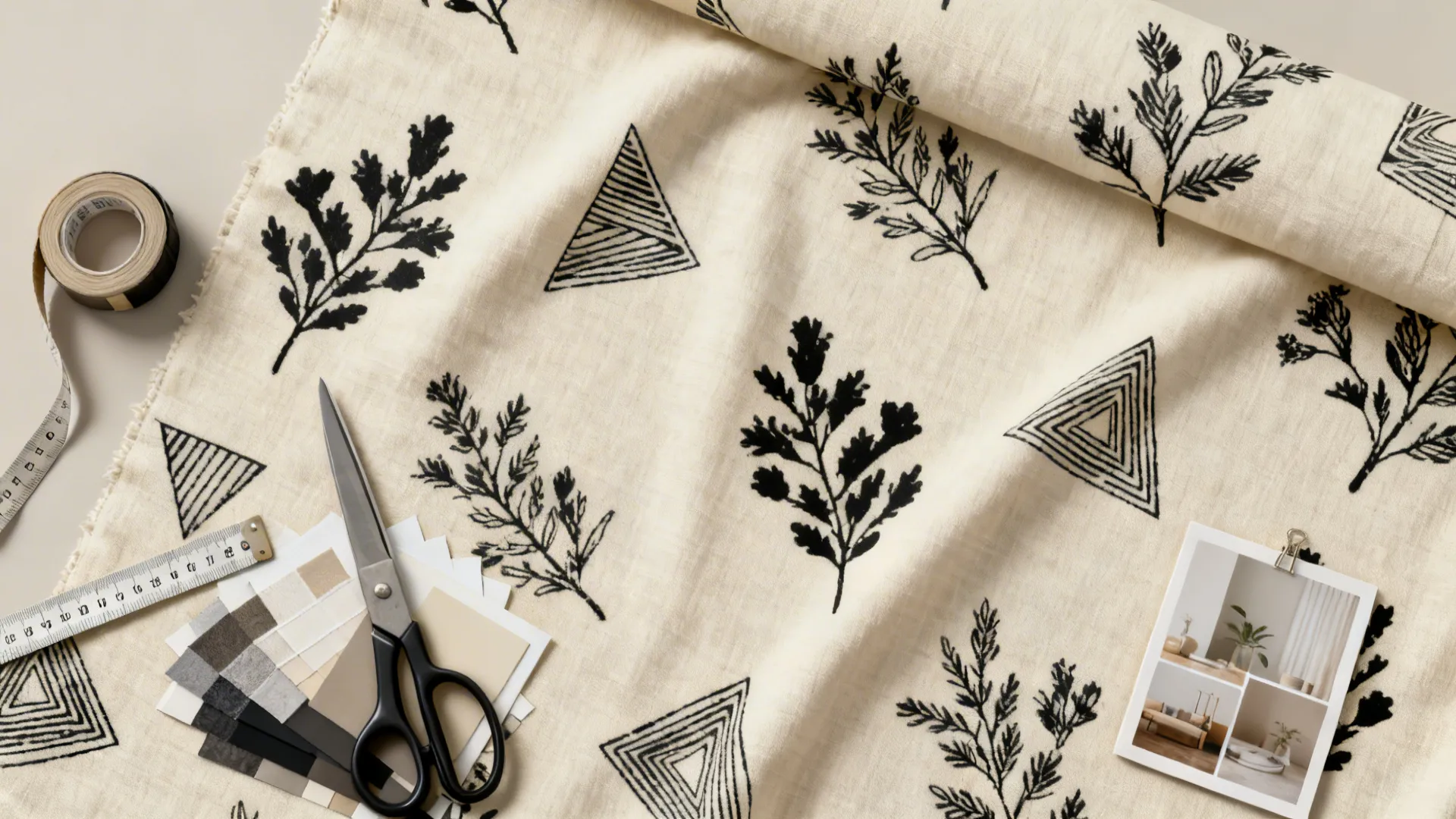 Flatlay of cream fabric samples with subtle black graphic prints and moodboard tools.