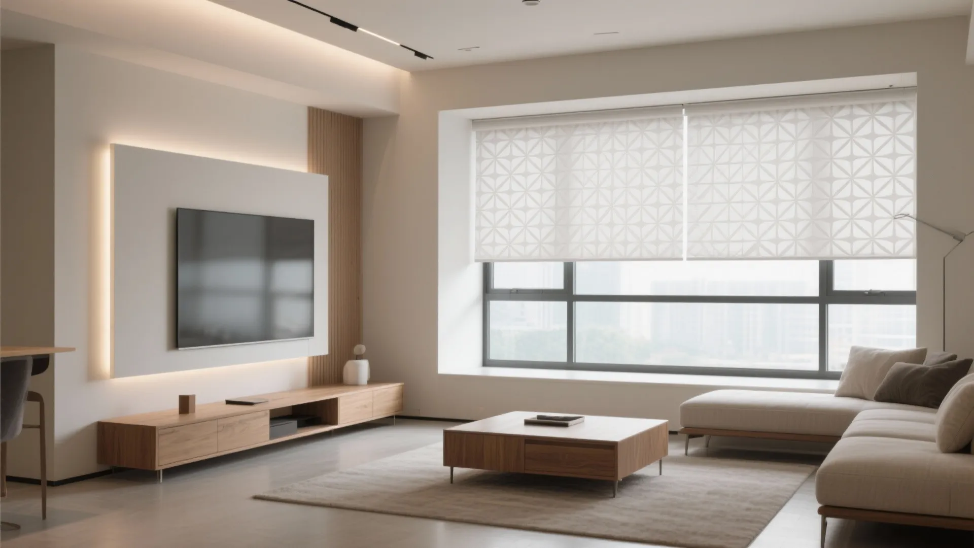 Minimalist living room with geometric printed roller blinds