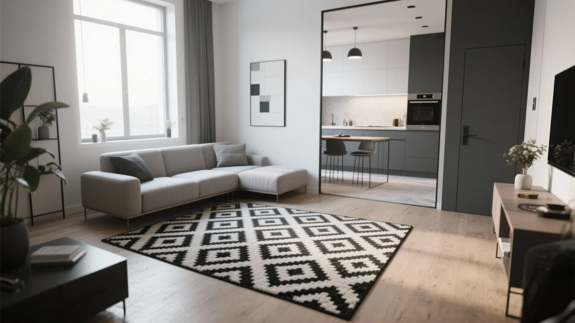 Modern open living area with grey sofa and black and white patterned rug on floor