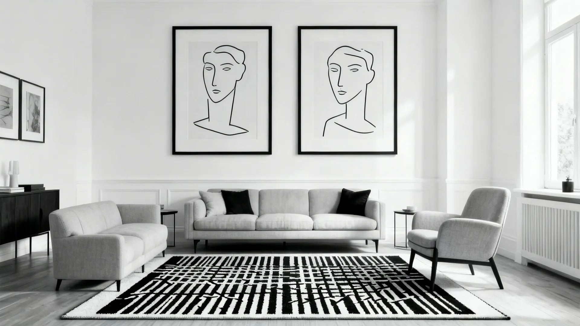 White-walled living room with a black-and-white graphic rug and two large line-drawing artworks.