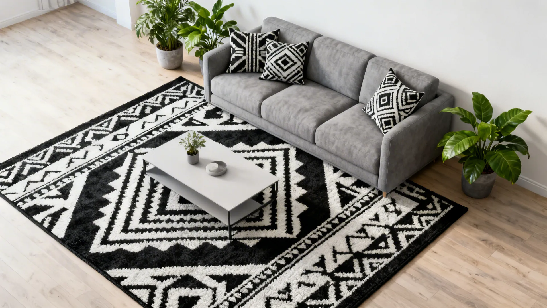 Modern living room with grey sofa black white patterned rug coffee table and green plants