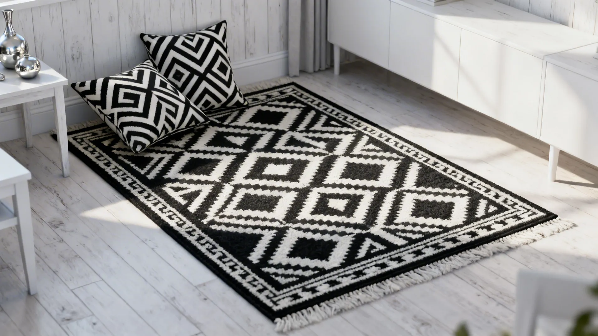Black and white patterned rug on wooden floor with two matching pillows and white cabinet