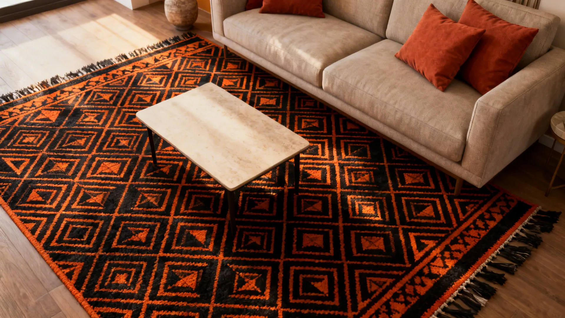 Geometric black-and-orange rug defining a small seating area with terracotta cushions.