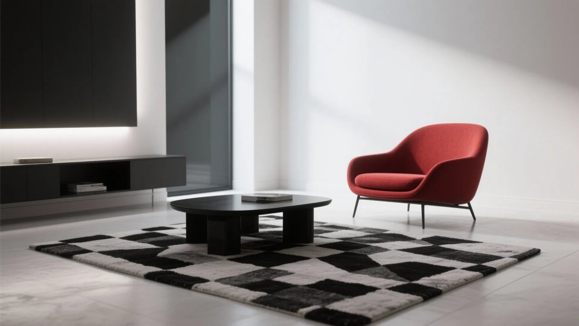 2. Graphic Rugs and Red Accent Seating