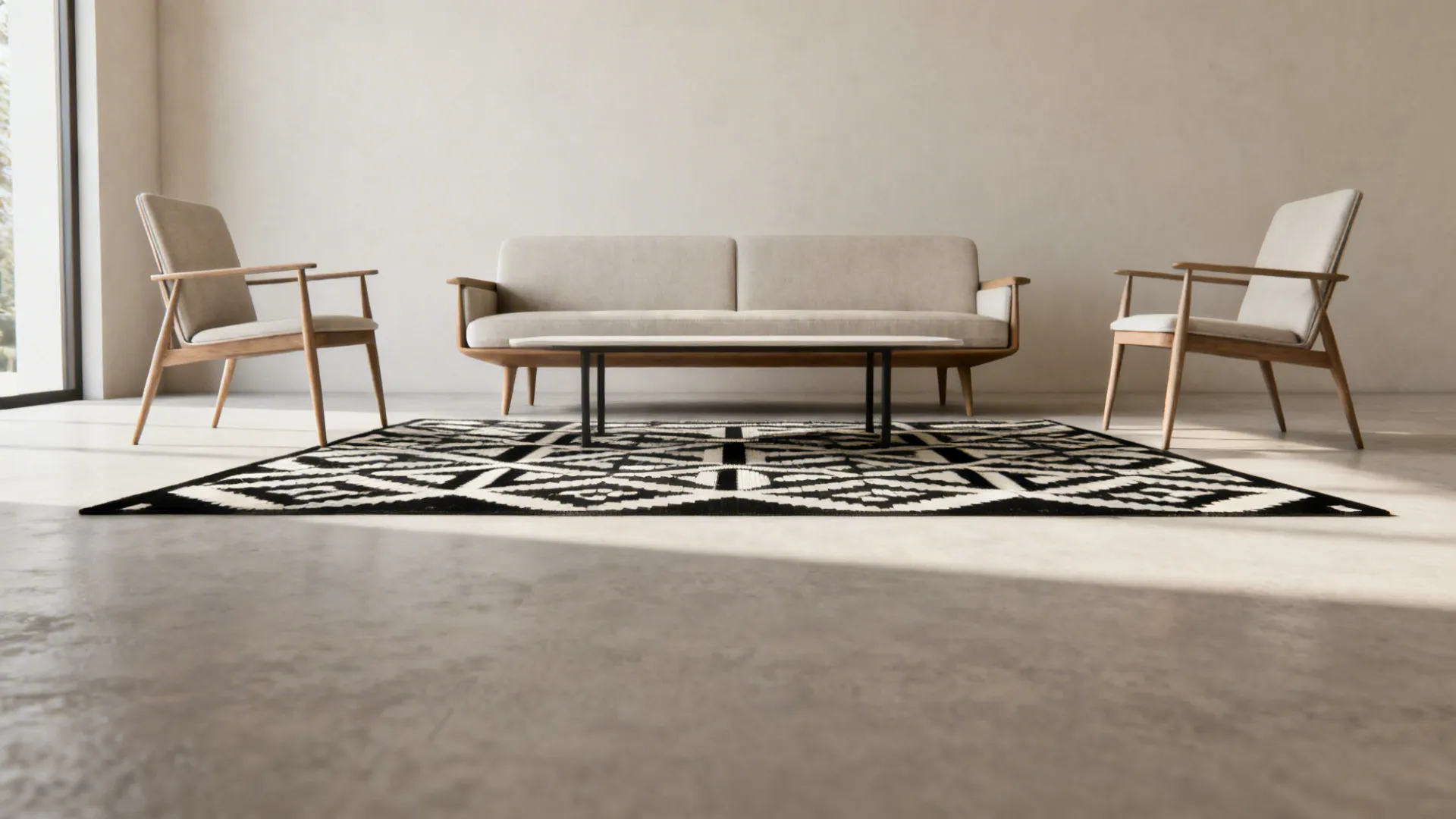 Black-and-white geometric rug with slim-legged mid-century seating to illustrate scale and layout.