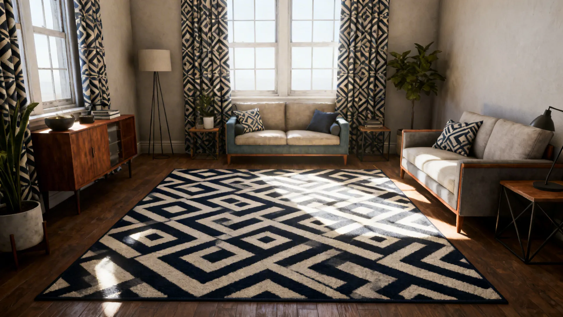 Small living room with oversized geometric rug and patterned curtains unifying furniture.