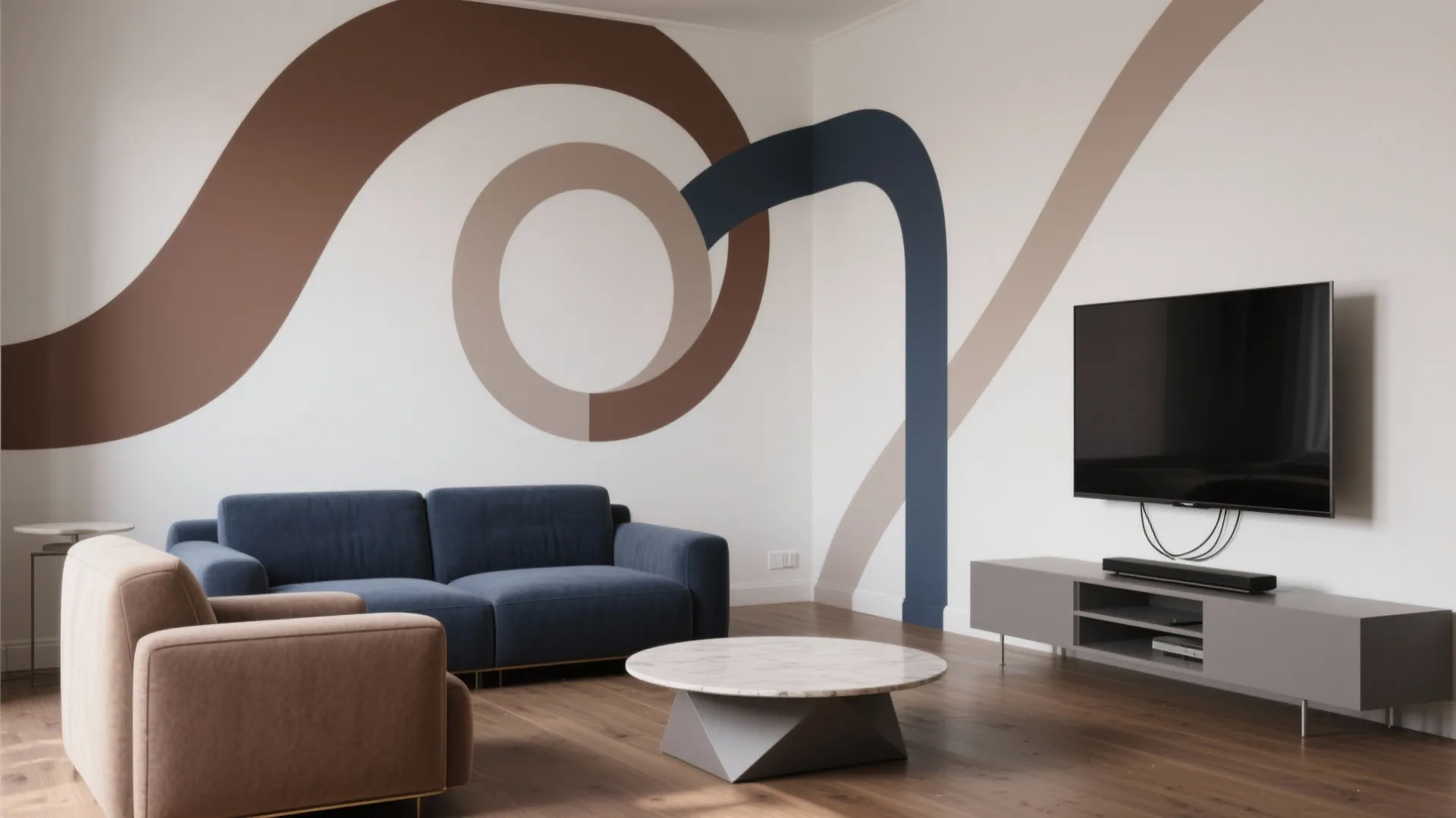 Modern living room with blue sofa brown armchair marble coffee table and wall art design