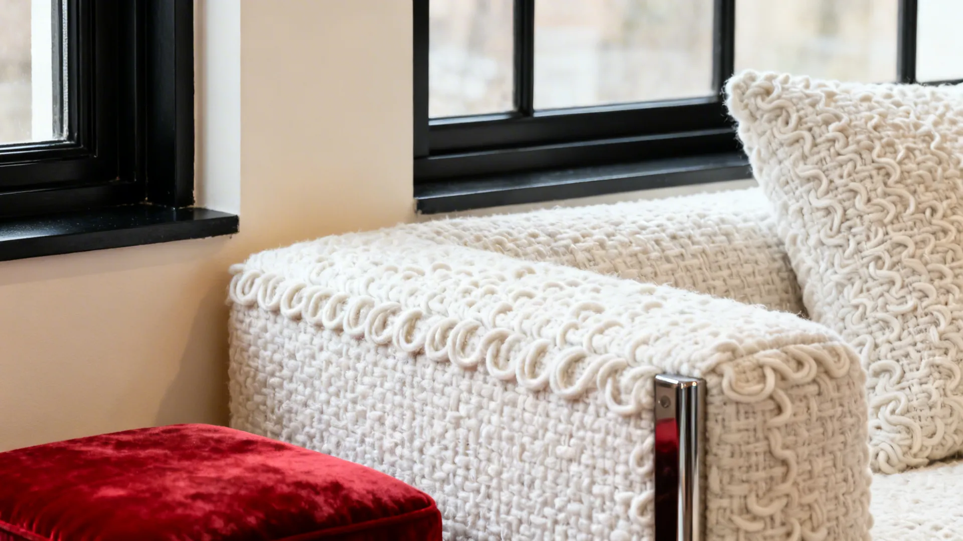 Macro detail of boucle sofa, matte black frame, and a red velvet ottoman in soft daylight.