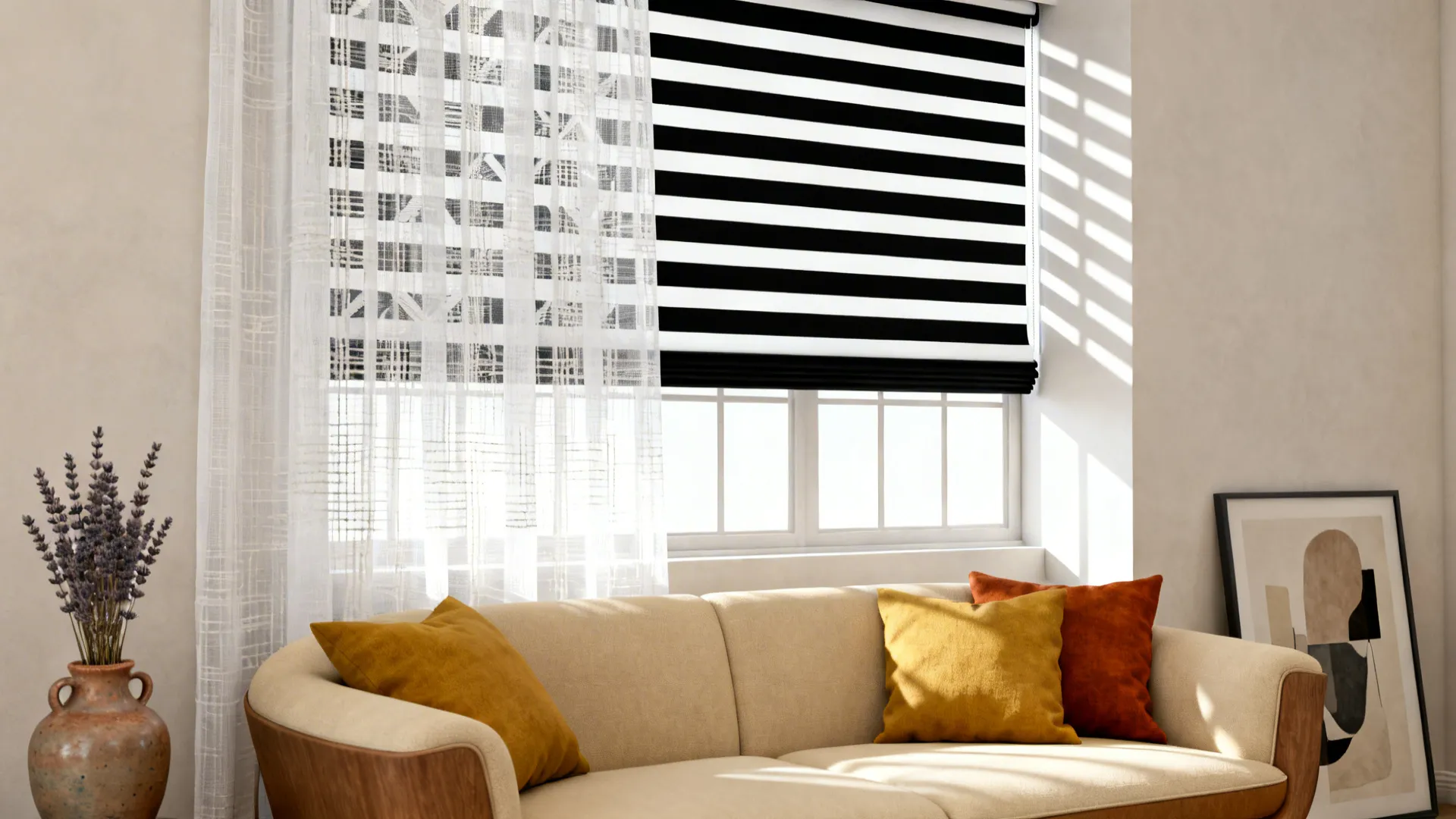 Window dressed with thin black-and-white striped blackout layer and a white voile, energizing the living area.