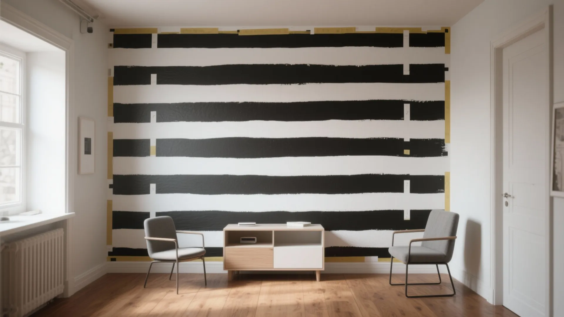Compact room with wide black-and-white horizontal stripes, warm wood floor and minimal furnishings.