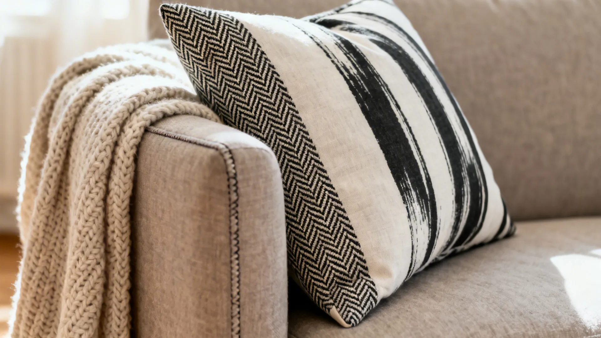 Close-up of monochrome throw pillows with different geometric patterns and textured knitted throw