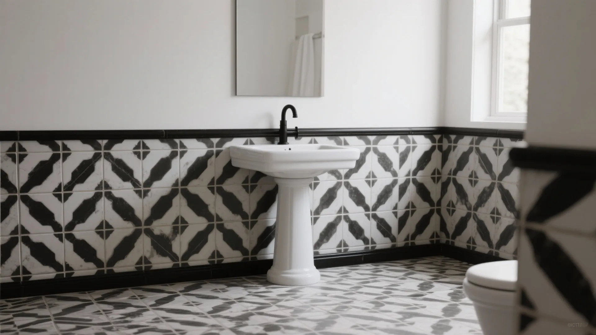 Bathroom feature with black-and-white geometric floor tiles and black border trim on white walls.