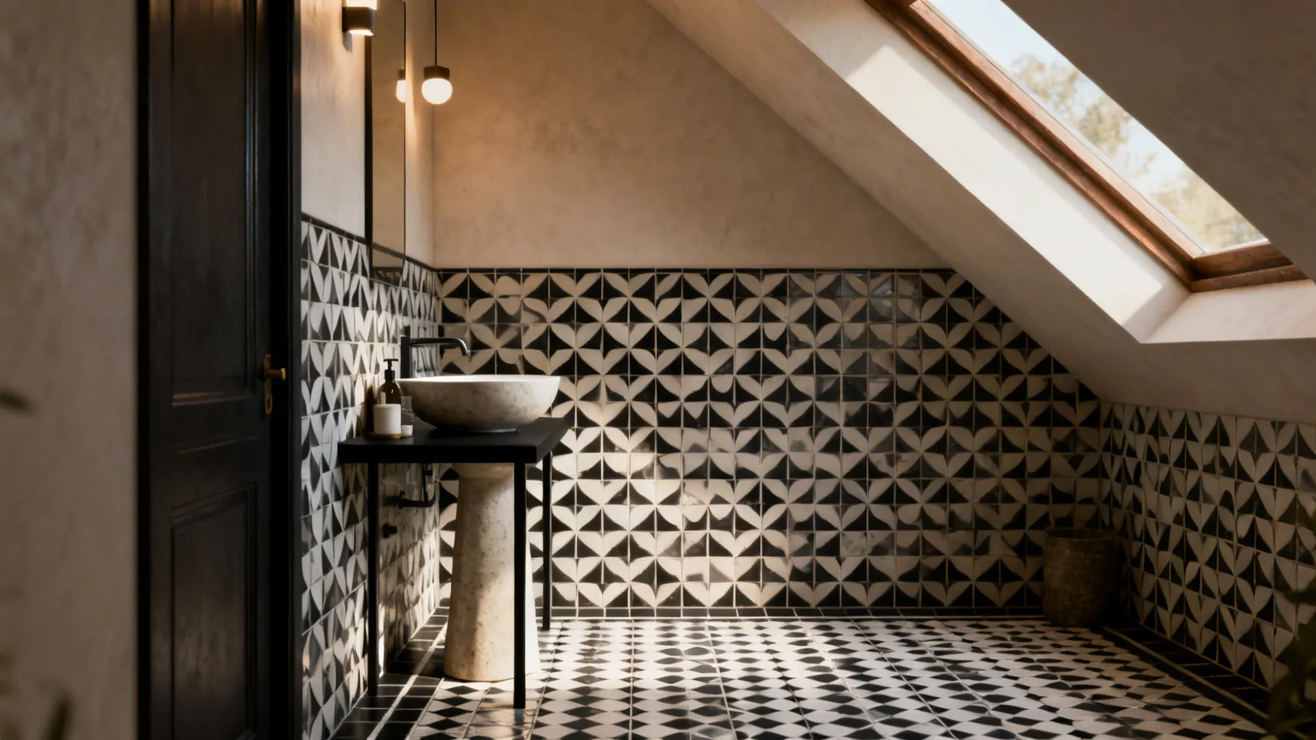 Attic powder room with a statement pedestal sink, short black console and bold graphic tile accents.